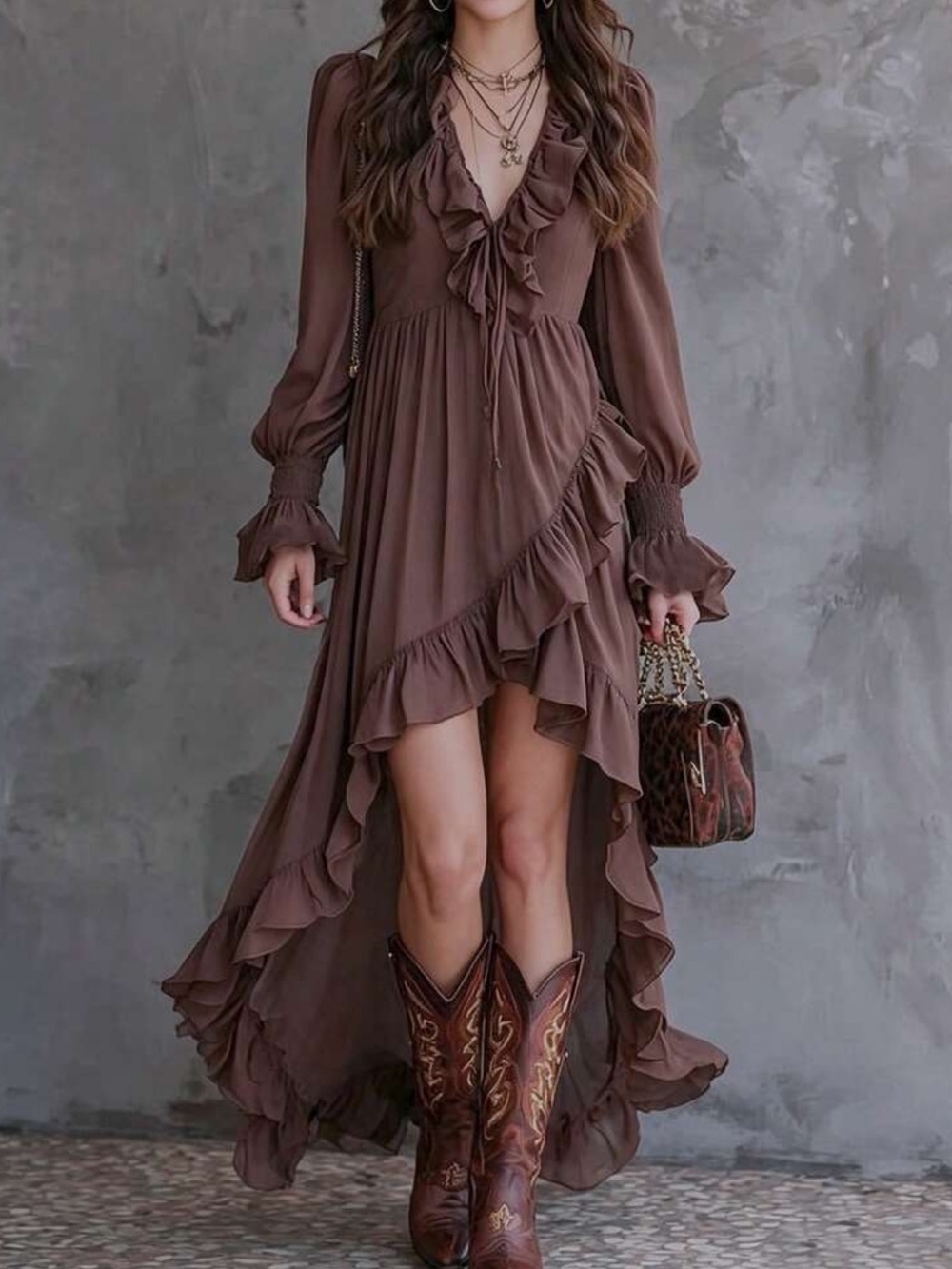 Ruffled High-Low Brown Maxi Dress